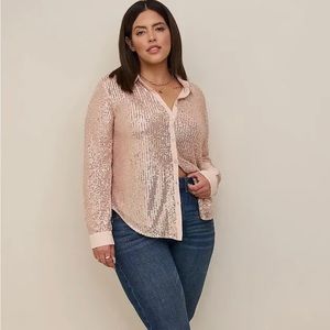 NWOT Torrid MADISON SEQUIN BUTTON-FRONT LONG SLEEVE ROSE GOLD SHIRT Size 2